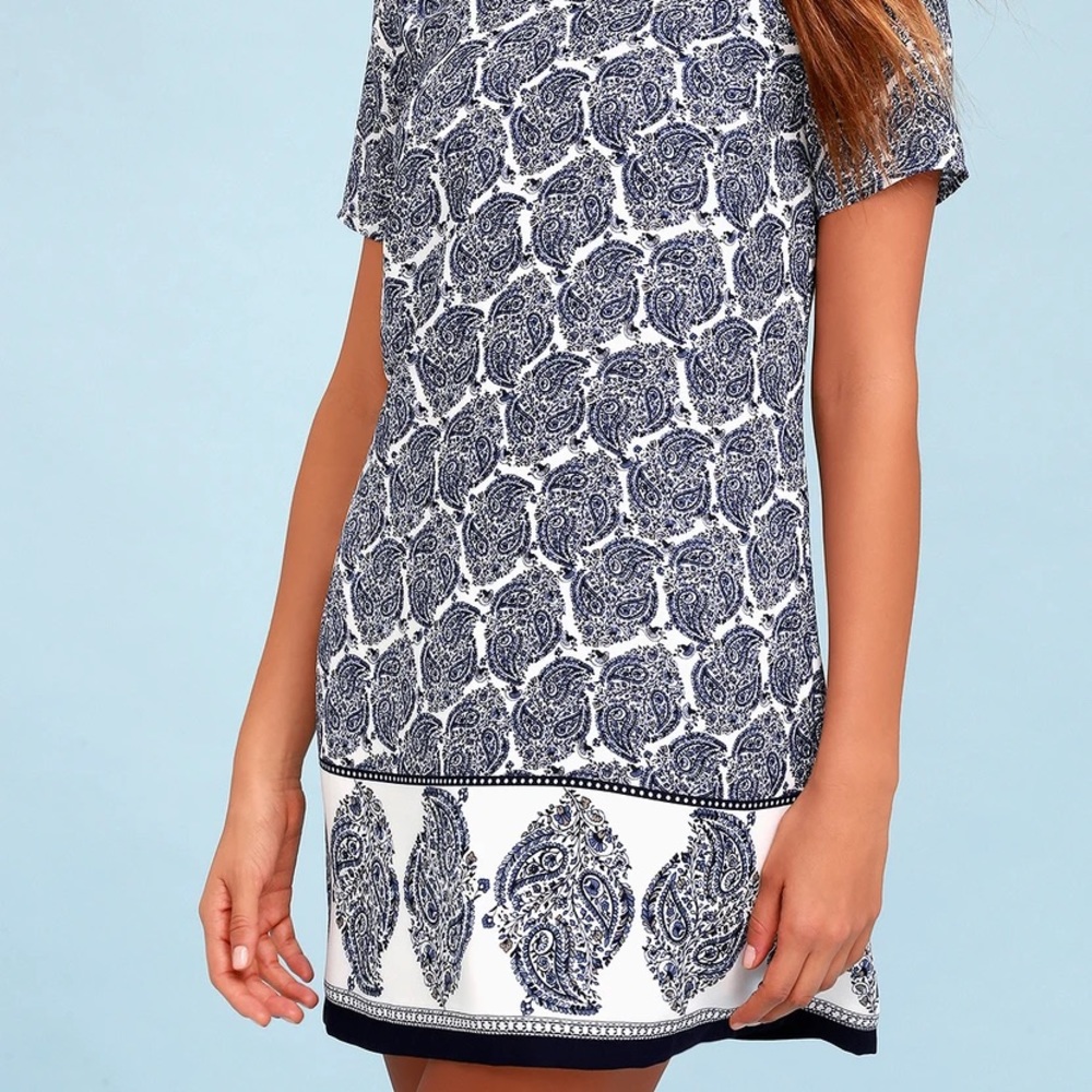 Lulus Navy Paisley Print Shift Dress (Small)